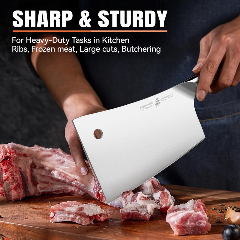 TUO ساطور لحم TUO، 7 بوصة، قاطع عظام ثقيل، سكين جزار من الفولاذ المقاوم للصدأ الألماني عالي الكربون، مقبض باكاوود، سكين تقطيع مطبخ مع صندوق هدايا - سلسلة فينيق الناري - Image 4